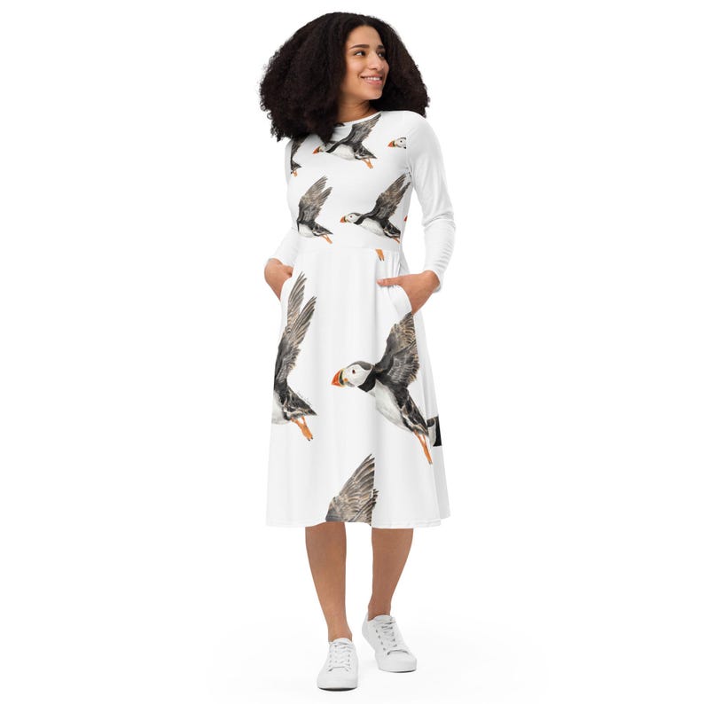 Atlantic Puffin Watercolour Print Midi Dress