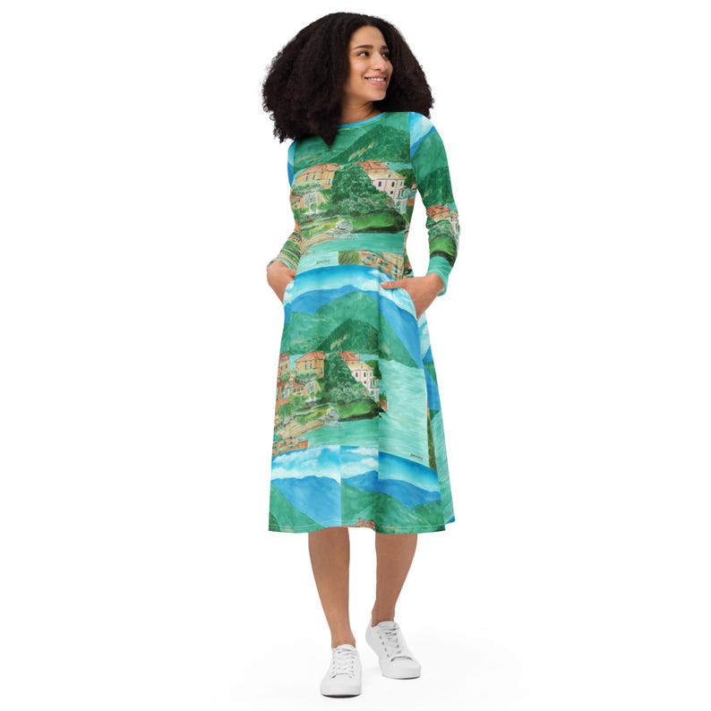 Lakeside Harmony Lake Como Watercolour Midi Dress