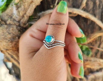 Chevron Turquoise Ring, Thumb Ring, Boho Sterling Silver Ring for Women, Natural Blue Gemstone, Bohemian Jewelry