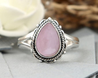 Bague en quartz rose naturel, bague en argent sterling 925, bague en quartz rose en forme de larme, cadeau pour maman, bague de naissance de Capricorne, bague de pierres précieuses