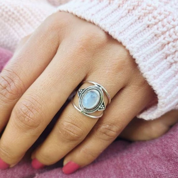 Véritable bague en pierre de lune, bague en argent avec pierre de lune, bague en pierre de lune, bague en pierre de lune, bague bohème, bague en pierre de lune arc-en-ciel, cadeau d'anniversaire pour elle