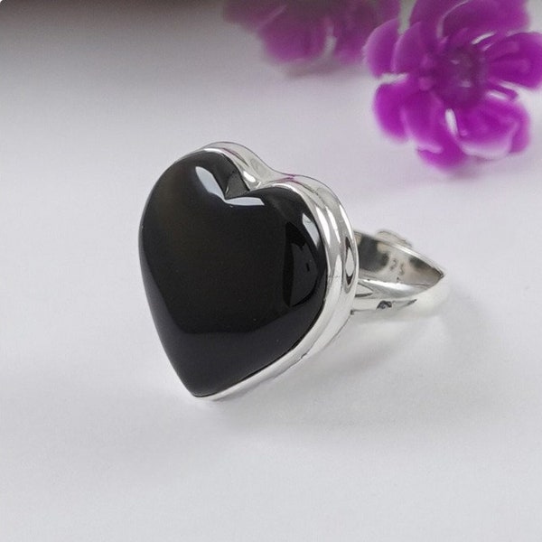 Heart Black Onyx Ring, Sterling Silver 925, Designer Ring, Black Onyx Jewelry, Beautiful Ring, Natural Stone, Boho Ring, Black Stone Jewelry