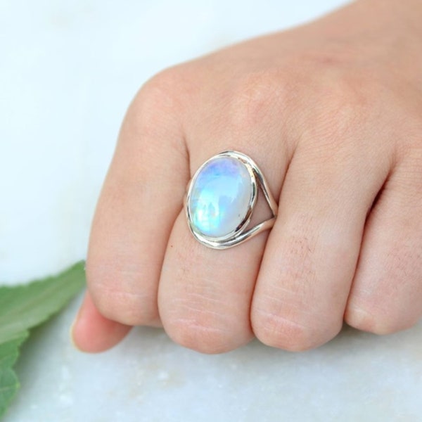 AAA Rainbow Moonstone ring, Bold Sterling Silver Statement ring, alternative engagement ring, 92.5 Solid Silver