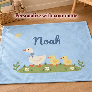 Personalized Goose Baby Blanket, Custom Name Velveteen Blanket, Goose and Gosling Meadow Nursery Gift