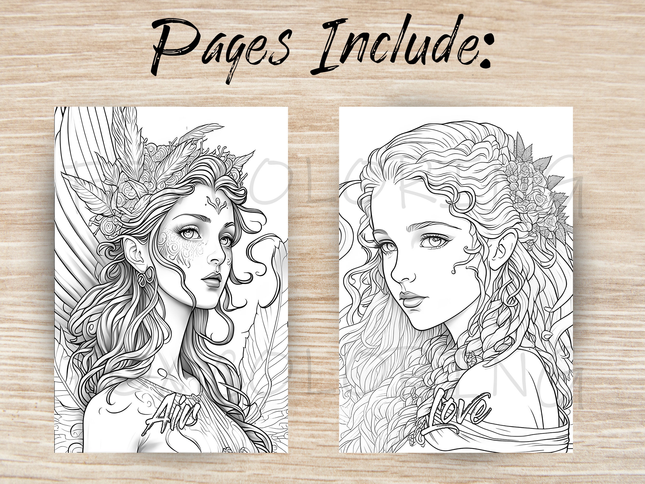 25 Elemental Goddess Fantasy Coloring Book for Adults Digital Kids