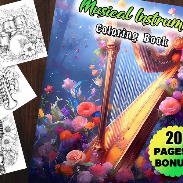 20 Musical Instrument Flower Coloring Book For Adults Digital Kids Music Tool Guitar Piano Coloring Pages Instant Download Art Printable PDF