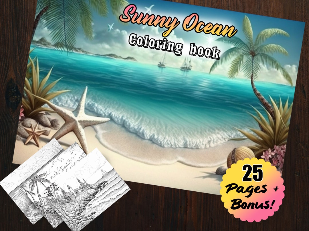 25 Sunny Ocean Beach Coloring Book for Adults Digital Kids Beach Sand