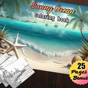 25 Sunny Ocean Beach Coloring Book For Adults Digital Kids Beach Sand Shells Starfish Coloring Pages Instant Download Island Printable PDF