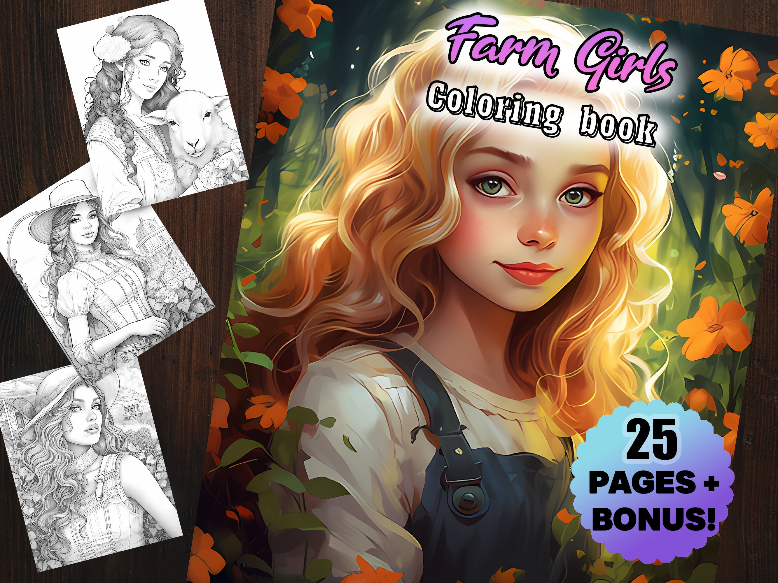 25 Farm Girls Barn Animals Coloring Book for Adults Digital Kids Countryside Women Nature ...