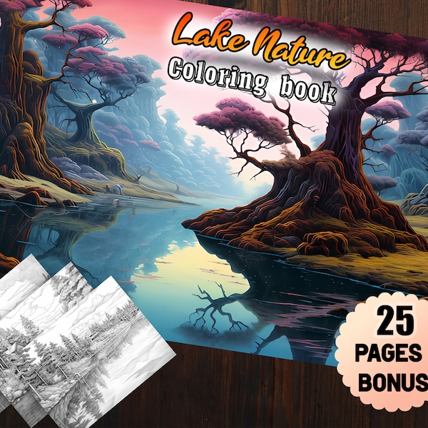 25 Lake Nature Pond Forest Coloring Book For Adults Digital Kids River Scenery Coloring Pages Instant Download Zen Landscape Printable PDF