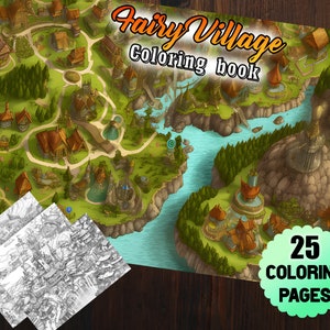 25 Fairy Village Fantasy Map Coloring Page Enfants Adultes Coloring Kingdom Forest Grayscale Coloring Book Page Téléchargement immédiat PDF imprimable