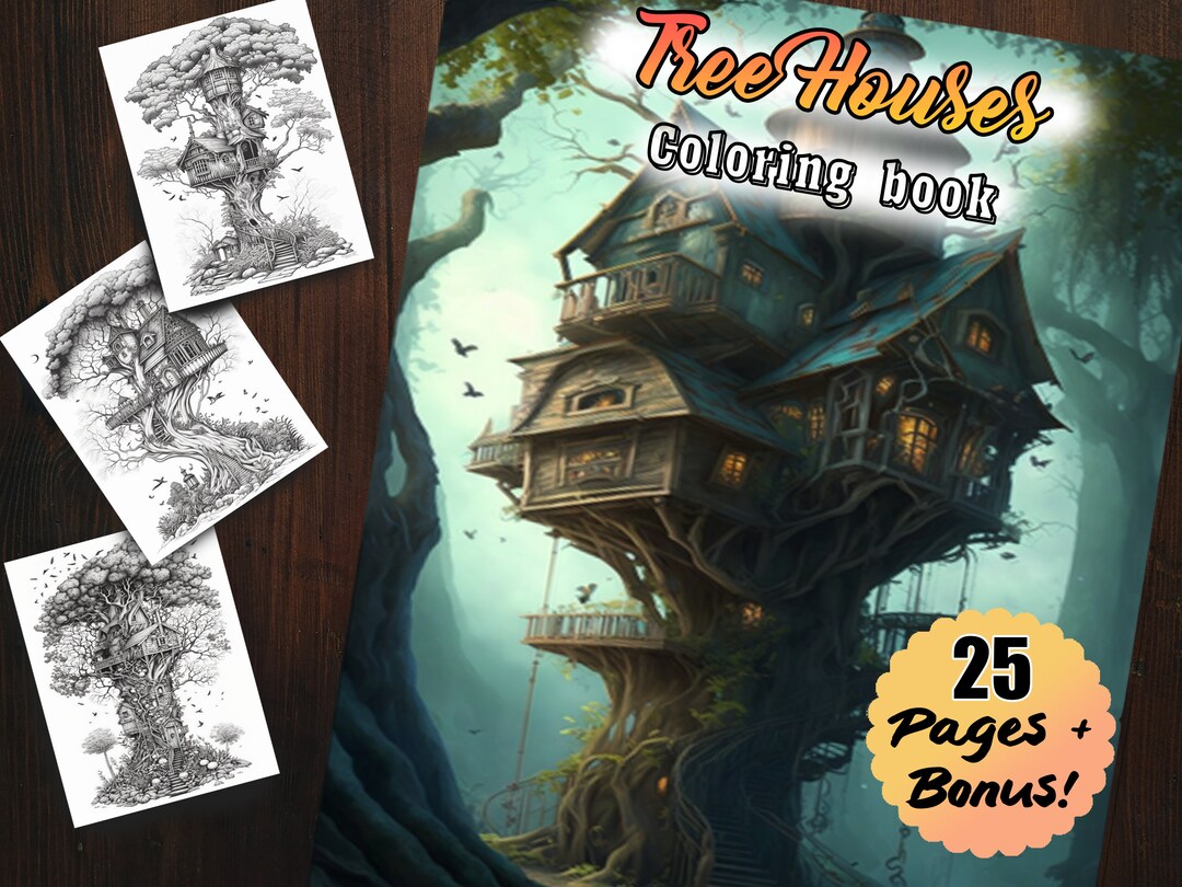 25 Tree House Nature Forest Coloring Book for Adults Grayscale Kids ...
