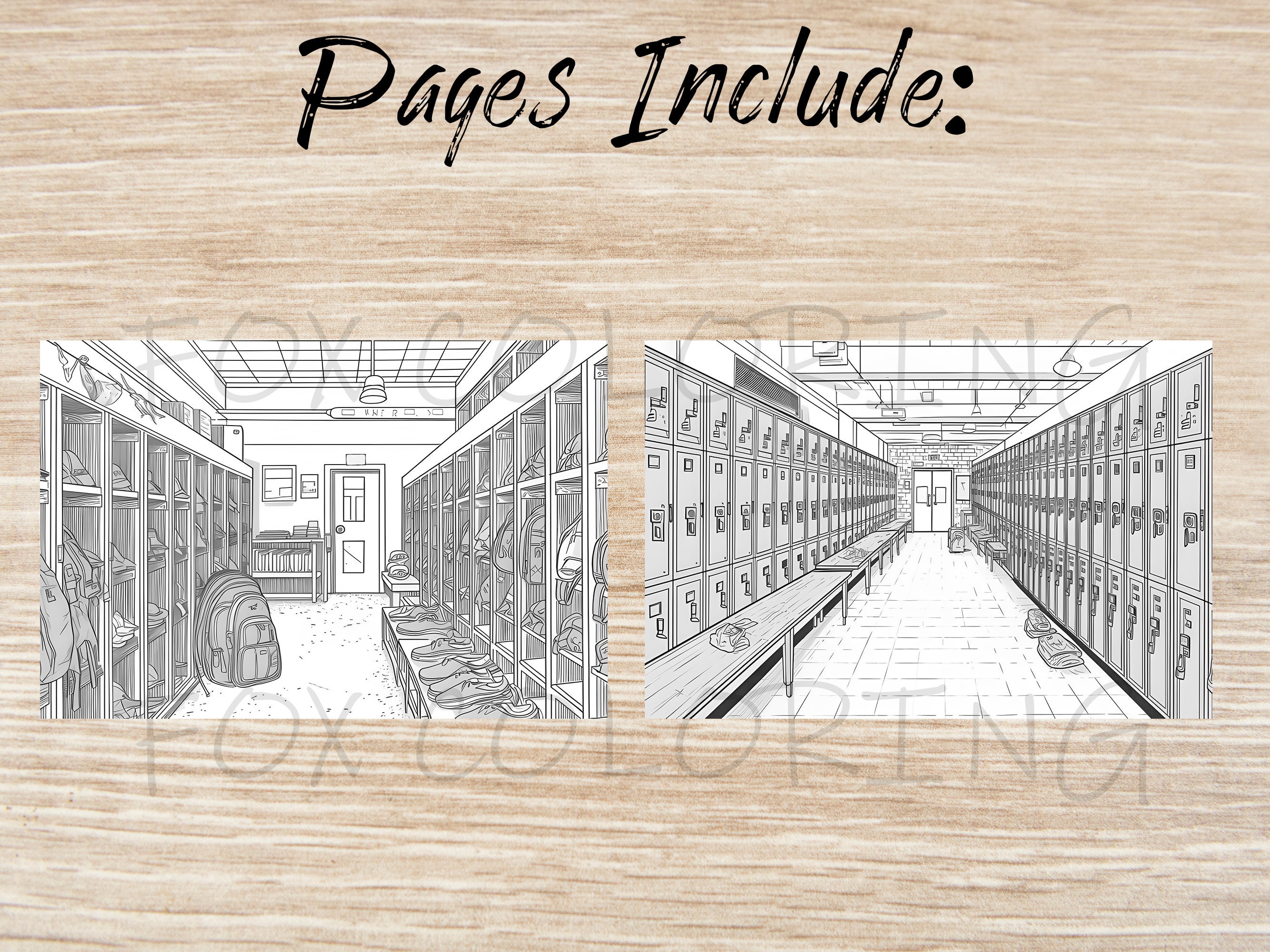25 School Days Class Coloring Page Kids Adults Cafeteria Library Lockers Coloring Book Page ...