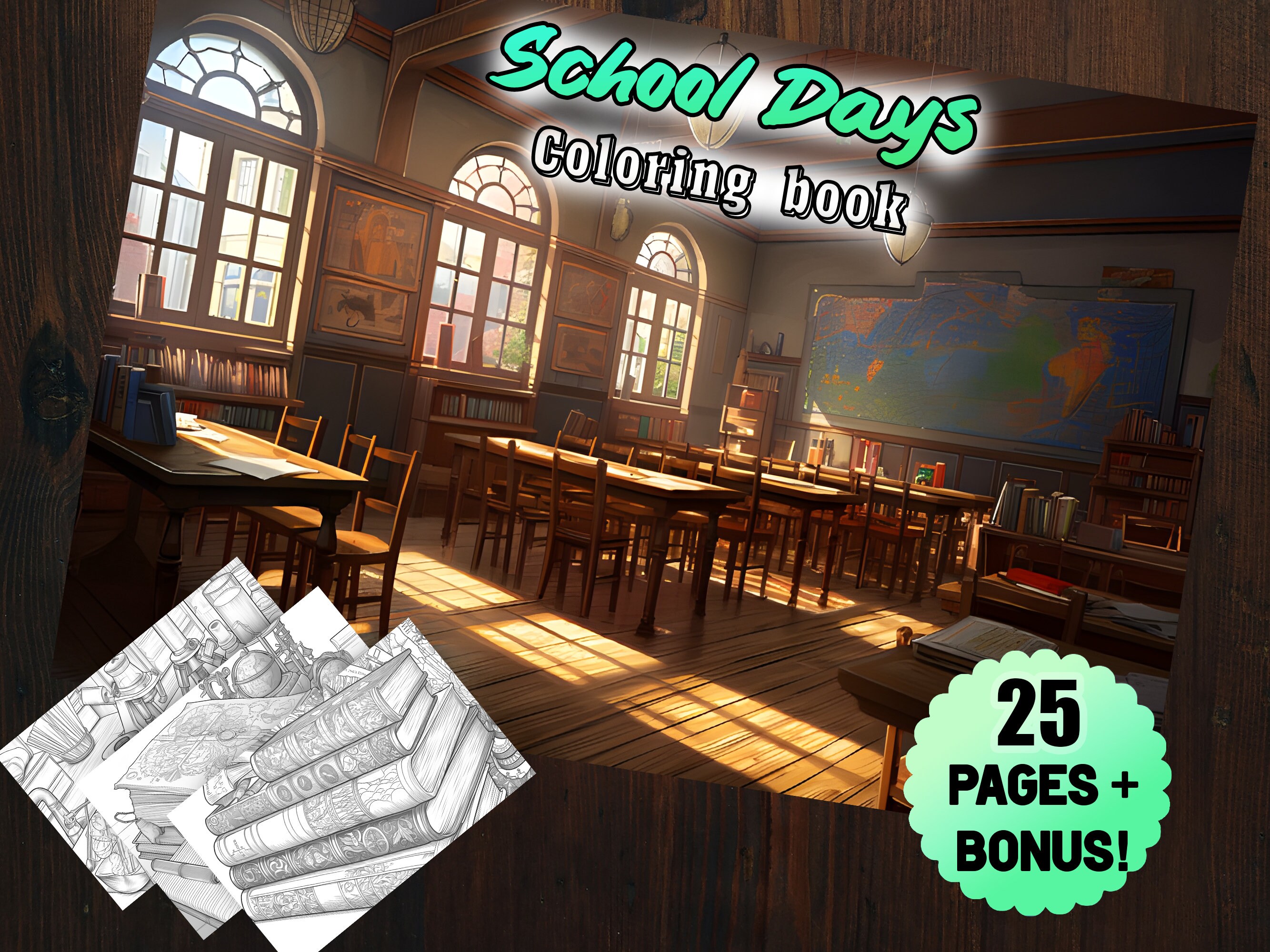 25 School Days Class Coloring Page Kids Adults Cafeteria Library Lockers Coloring Book Page ...