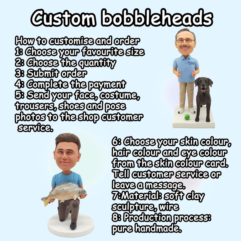May include: Image of custom bobbleheads. The text reads: "How to customize and order" with steps 1-8. Two bobbleheads are shown, one with a man and a dog, the other with a man holding a fish. The bobbleheads are made of soft clay sculpture and wire.