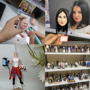 May include: A collage of images showcasing the creation of miniature figurines. One image shows a person sculpting a face from clay, referencing a photo. Another displays a finished head. The bottom images show a figurine with a pilot outfit and a shelf filled with various miniature figures.