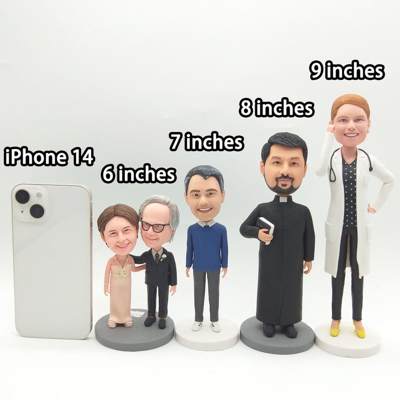 May include: A collection of custom bobblehead figurines, ranging from 6 to 9 inches tall, depicting various professions and occasions. Includes a bride and groom, a man in a suit, a man in a blue sweater, a priest, and a doctor. An iPhone 14 is included for scale.