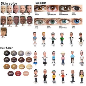 May include: A product image showcasing options for skin, eye, and hair colors, along with various bobblehead figurine designs. The image includes color swatches and examples of different bobblehead styles, offering customization choices for buyers.