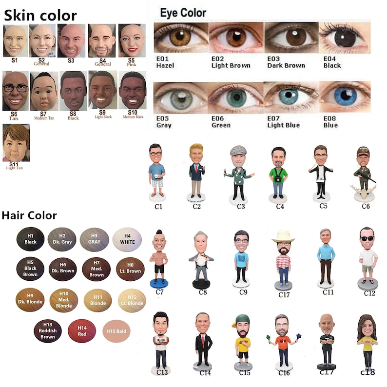 May include: A product image showcasing options for skin, eye, and hair colors, along with various bobblehead figurine designs. The image includes color swatches and examples of different bobblehead styles, offering customization choices for buyers.