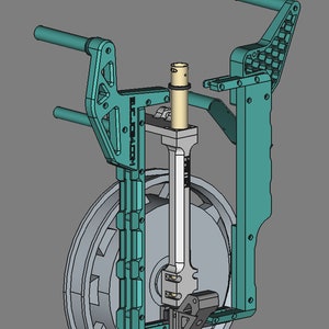 May include: A teal blue metal bike stand with a white metal wheel and a black metal rod. The stand has a handle on each side and the text "B.L.C.D.A.COM" is printed on the side.