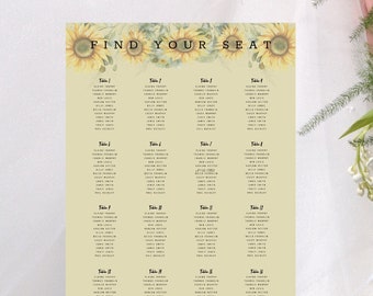 Sunflower Hochzeit Sitzplan Vorlage | Tischsitzplan Printable | Sitzplan | Mit Templett bearbeiten | Sitzplankarten