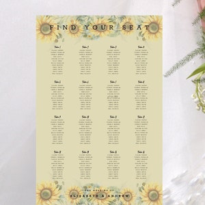 Sunflower Wedding Seating Chart Template | Table Seating Chart Printable | Seating Plan | Edit With Templett | Seating Chart Cards