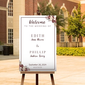 Wedding Welcome Sign, Ceremony Sign Template, Instant Download, Burgundy Accents with Floral, Editable Template, Instant Download
