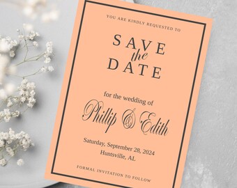 Save The Date Peach | Instant Download Peach Save The Date Card | Editable Template | Modern Save The Date Card | Simple Save the date