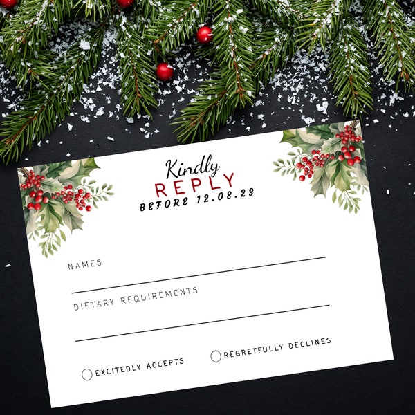 Rsvp Card Template | Christmas Party Invitation | Winter Wedding | Editable Template | Printable Rsvp Cards | Edit With Templett