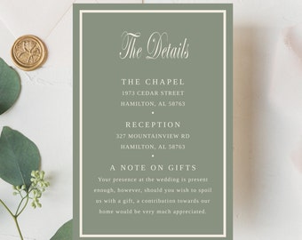 Sage Green Wedding Detail Card |  Minimalist Sage Green theme  | Enclosure Card | Wedding Invitation Insert