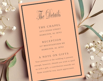 Peach Wedding Detail Card |  Minimalist Peach Wedding theme  | Enclosure Card | Wedding Invitation Insert