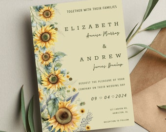 Plantilla de invitación de boda con girasoles / Descarga digital / Invitación rústica de boda con girasoles / Boda campestre / Descarga instantánea