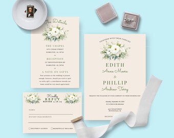 Green and White Floral Wedding Invitation Template | Editable Greenery Invite Suite with RSVP and Details Card | Printable Digital Download