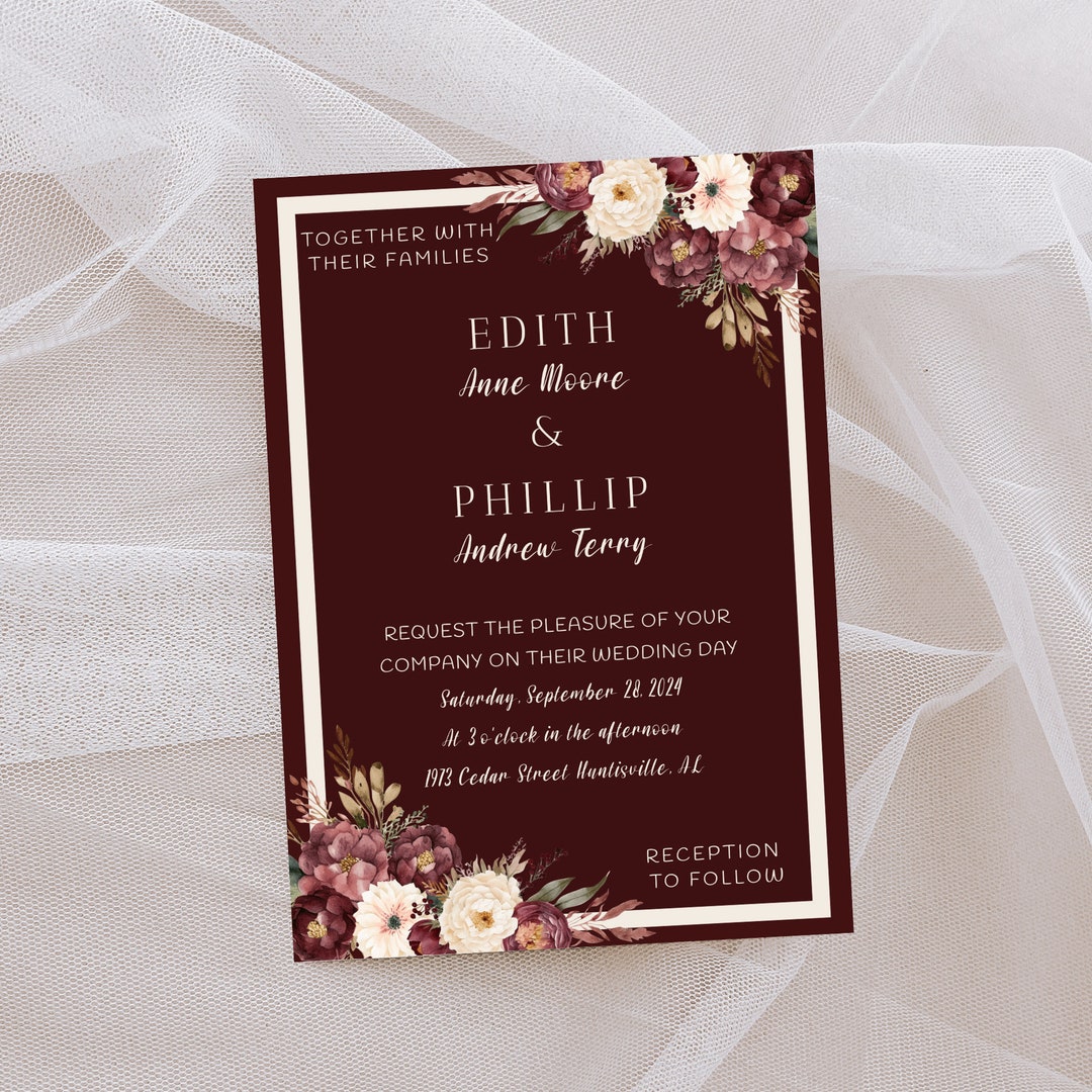 Burgundy Wedding Invitation Template Editable Invitation Printable
