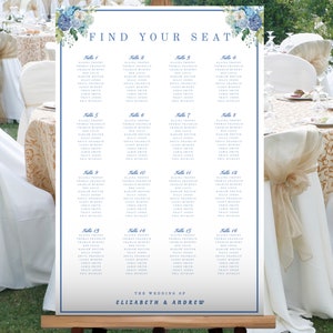 Blaue Hortensie Hochzeit Sitzplan Vorlage, Tisch Sitzplan druckbar, Sitzplan, Sitzplan Karten, vor dem Kauf ausprobieren