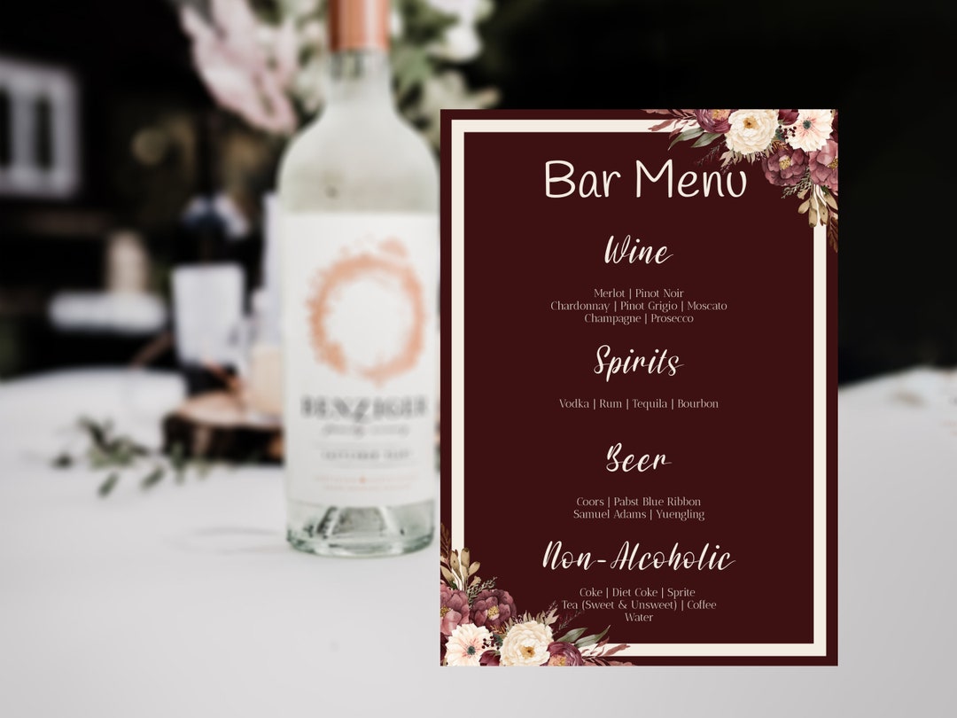 Plantilla de menú de bar Borgoña, letrero de menú de bebidas para bodas ...