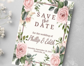 Soft Rose Save The Date, Pink Roses,  Simple Save The Date, Editable Instant Download, Pink and Green floral Template
