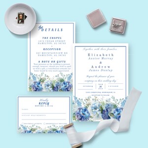 Blue Floral Wedding Invitation Suite, Editable Templates,  Instant Download, Edit and Print Yourself or at Print Shop, Try Before You Buy