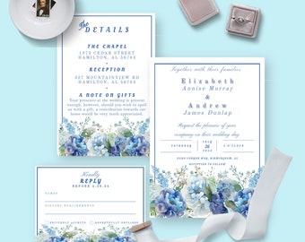 Blue Floral Wedding Invitation Suite, Editable Templates,  Instant Download, Edit and Print Yourself or at Print Shop, Try Before You Buy