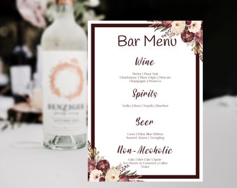 White and Burgundy Bar Menu Template, Wedding Drinks Menu Sign, Easily Edit, download, & Print. Fully Editable Template. Try before you buy