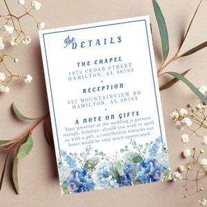 Blue Floral Wedding Details Card |  Printable Instant Digital Download |Floral Invitation Insert | Enclosure Card | Blue floral inserts