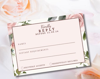 Wedding Rsvp Card Template, Kindly Reply Card, Elegant Enclosure Card, Editable Template,  Response Card soft rose floral and  greenery