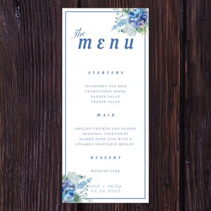 Blue Hydrangea Floral Wedding Menu Template, Easily Edit, download, & Print. Easliy use for any wedding event.  Try before buying