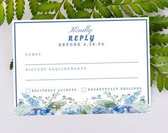 Blue Floral Wedding Rsvp Card Template, Kindly Reply Card, Elegant Blue Floral, Editable Template,  Invitation Enclosure,  Response Card