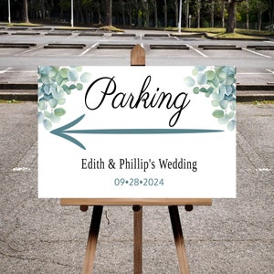 Wedding Parking Sign, Event Parking with Arrow w/ Eucalyptus theme. Perfect for any event. Easily let your attendees know where to park.