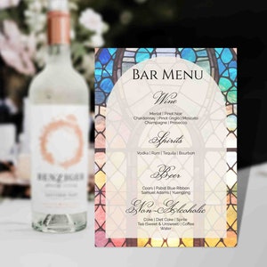 Stained Glass Theme Bar Menu Template, Wedding Drinks Menu Sign, Easily Edit, download, & Print. Fully Editable Template. Try before you buy