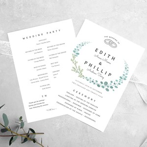 Wedding Ceremony Program Template,  Church and other event timeline, front and back, wedding party listing, try before you buy, size 5x7