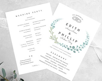 Wedding Ceremony Program Template,  Church and other event timeline, front and back, wedding party listing, try before you buy, size 5x7