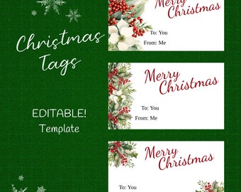 Könnte beinhalten: Drei druckbare Weihnachtsgeschenkanhänger mit einem Aquarelldesign aus Stechpalme, Beeren und weißen Blüten. Die Anhänger sind weiß mit rotem Text, der "Frohe Weihnachten" lautet. Der Text "An : Dich" und "Von : Mir" ist auf jedem Anhänger enthalten.