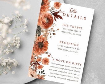 Wedding Details Card Template in Terracotta Floral |  Printable Instant Digital Download | Enclosure Card | Wedding Invitation Insert